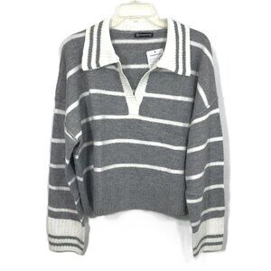 Oversize V-Neck Sweater Gray White Stripes M